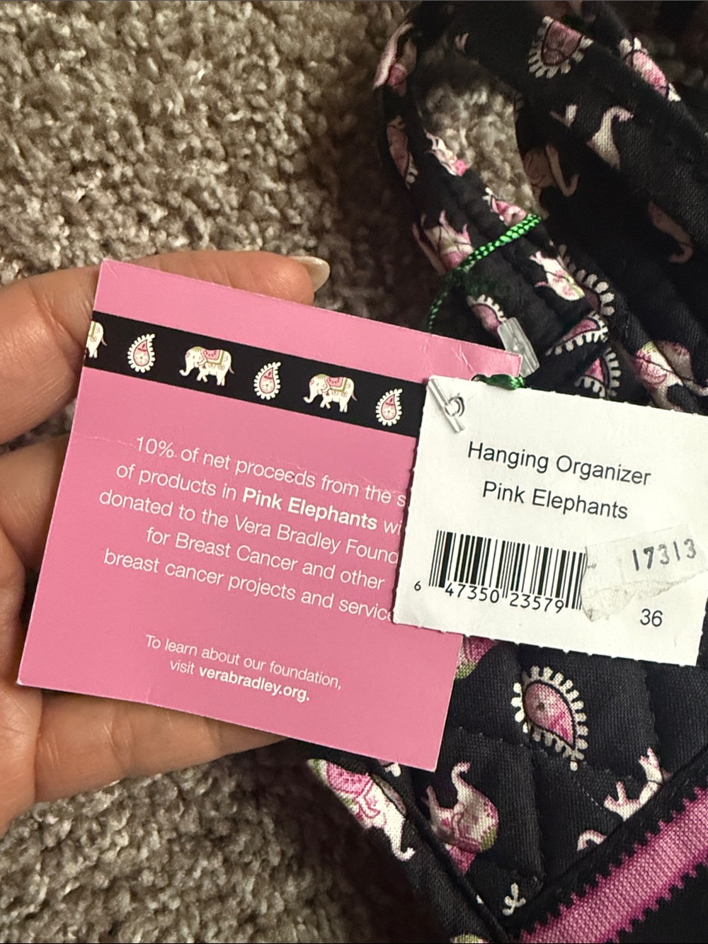 NWT Vera Bradley Black Quilted Hanging organizer in Pink Elephants - Picture 5 of 5